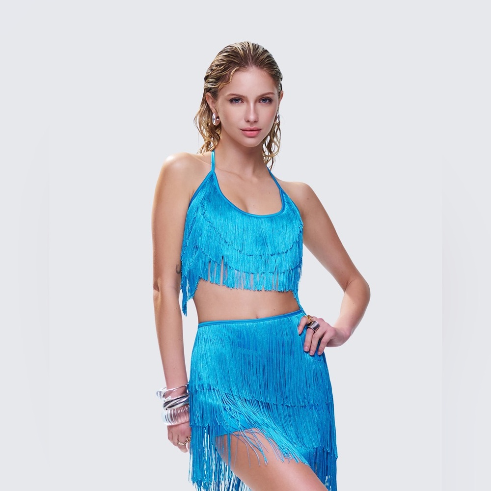 Finesse Laleh Teal Fringe Top